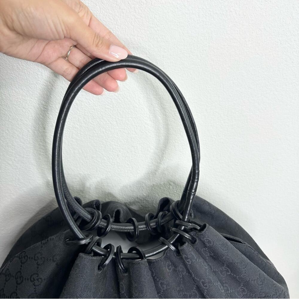 GUCCI GG Monogram Black Canvas Drawstring Large Bucket Bag Tote - Picture 2 of 10